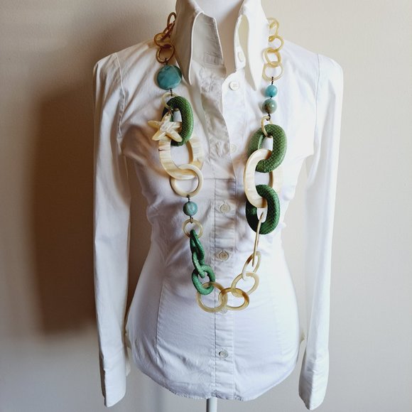 AMLE Italian Long Horn Green Chain Necklace with Python skin - Picture 3 of 16